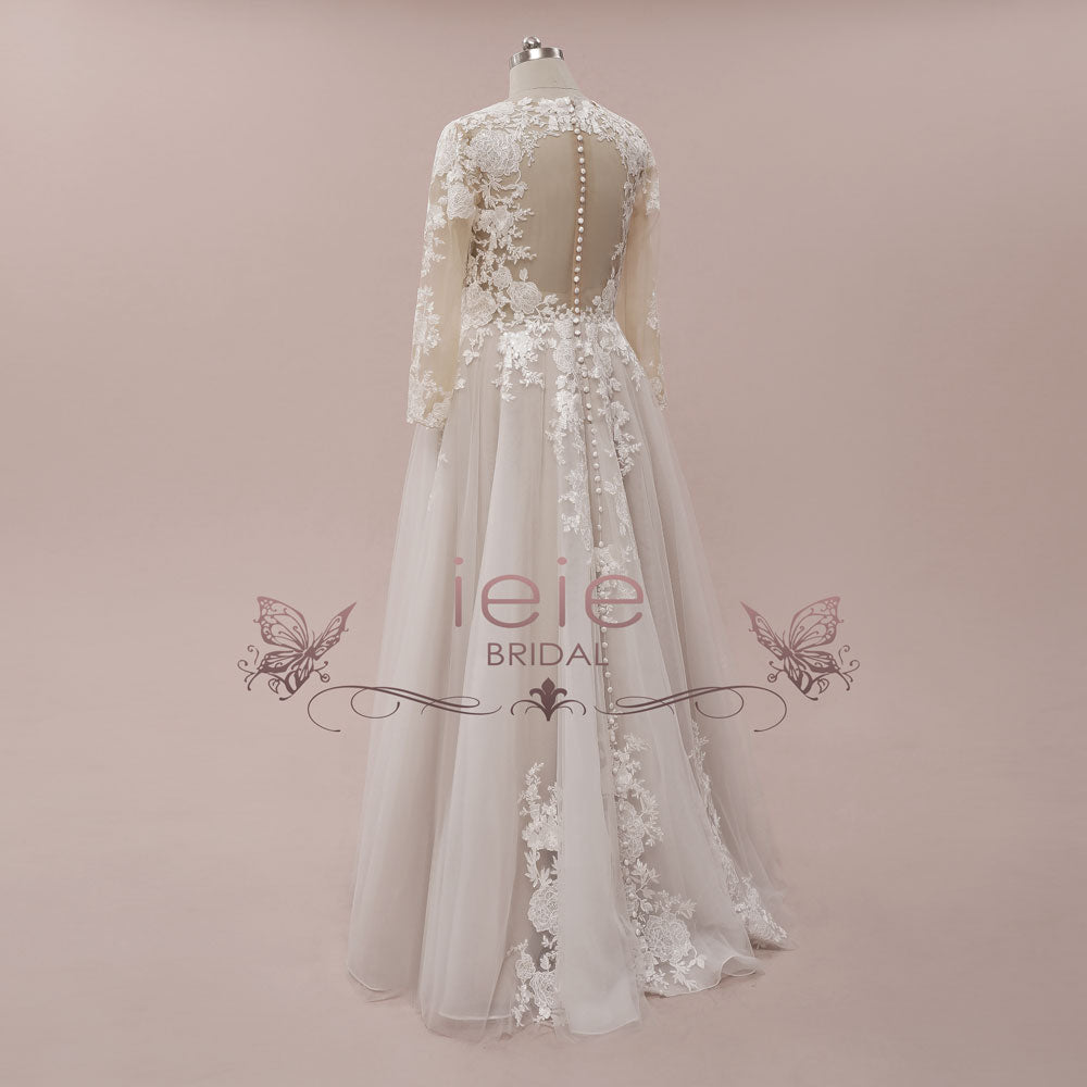 Boho Lace Wedding Dress with Long Sleeves and Illusion Back | ELANA
