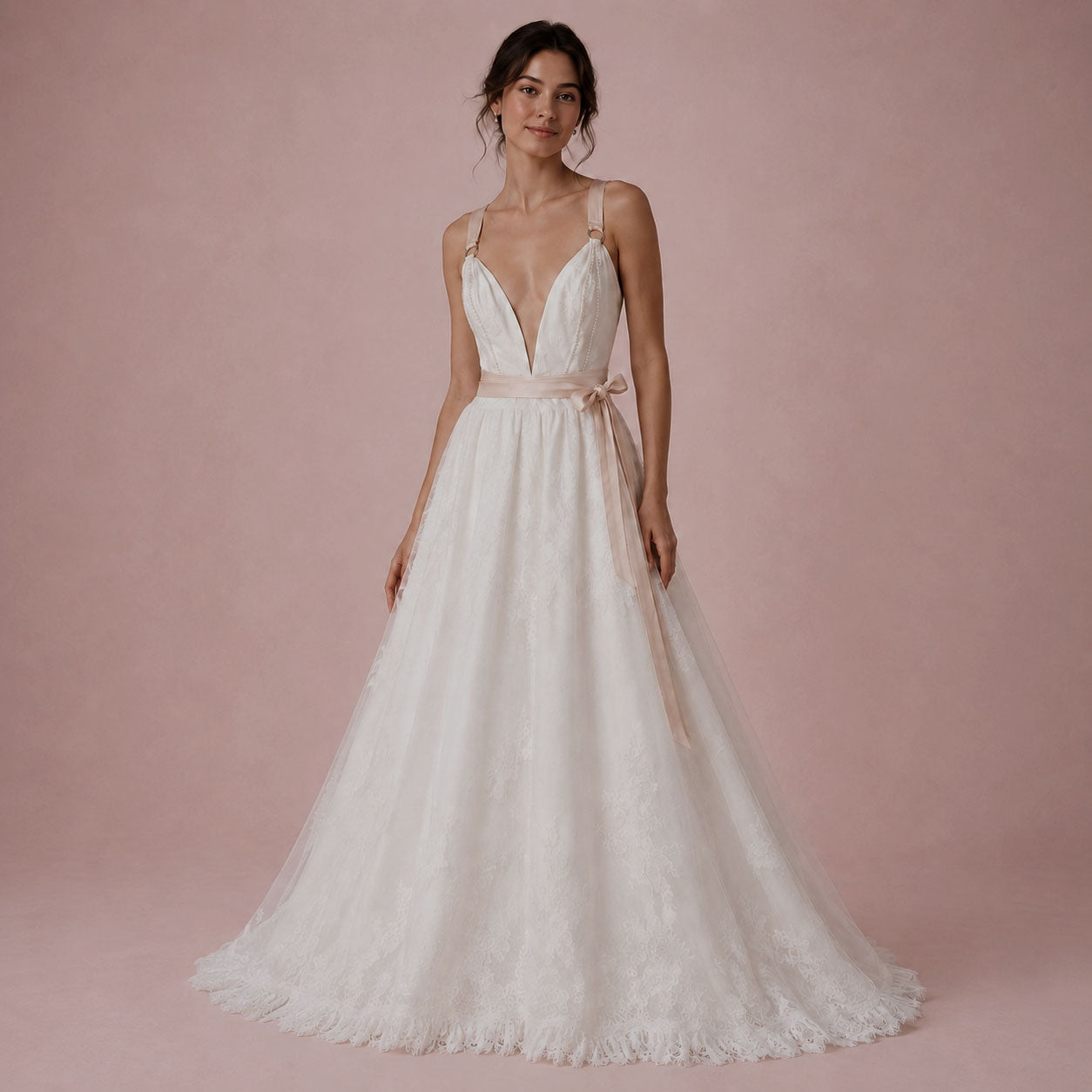Grecian Boho Lace A-Line Wedding Dress with Deep V-Neck and Cross Back — Julie