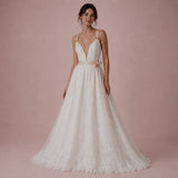 Grecian Boho Lace A-Line Wedding Dress with Deep V-Neck and Cross Back — Julie
