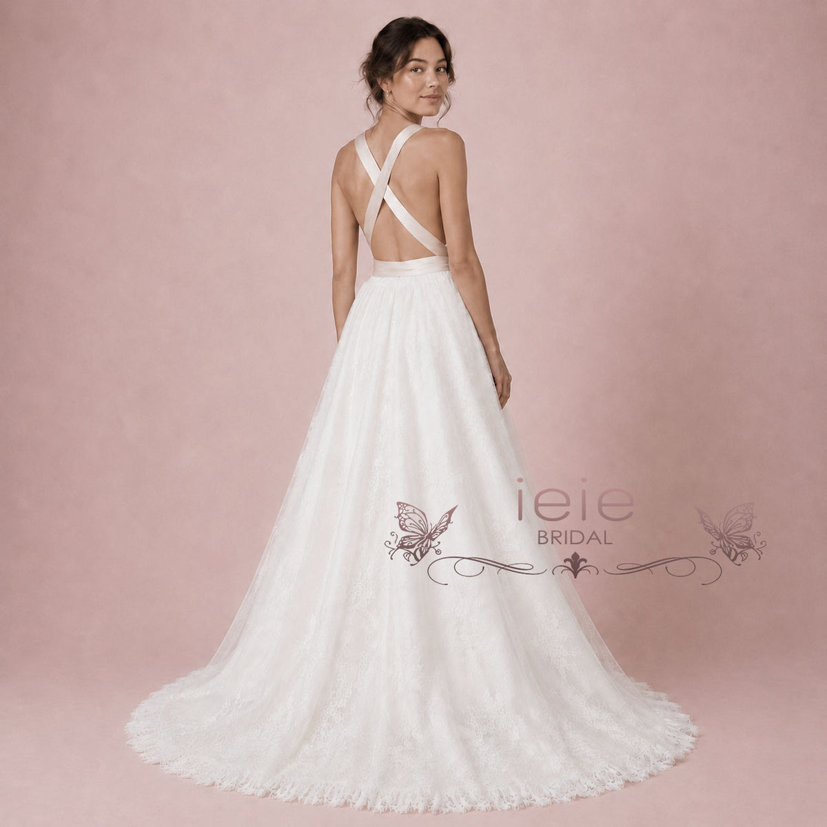 Grecian Boho Lace Wedding Dress – V-Neck & Cross Back