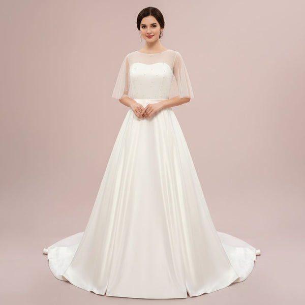 Elegant A-Line Satin Wedding Dress with Pearl Beaded Illusion Neckline | DAMARIS