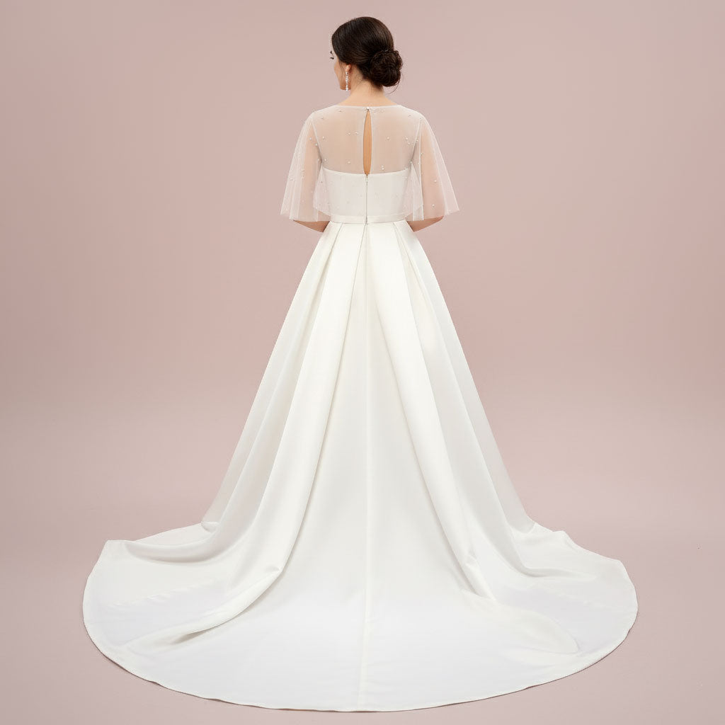 Elegant A-Line Satin Wedding Dress with Pearl Beaded Illusion Neckline | DAMARIS