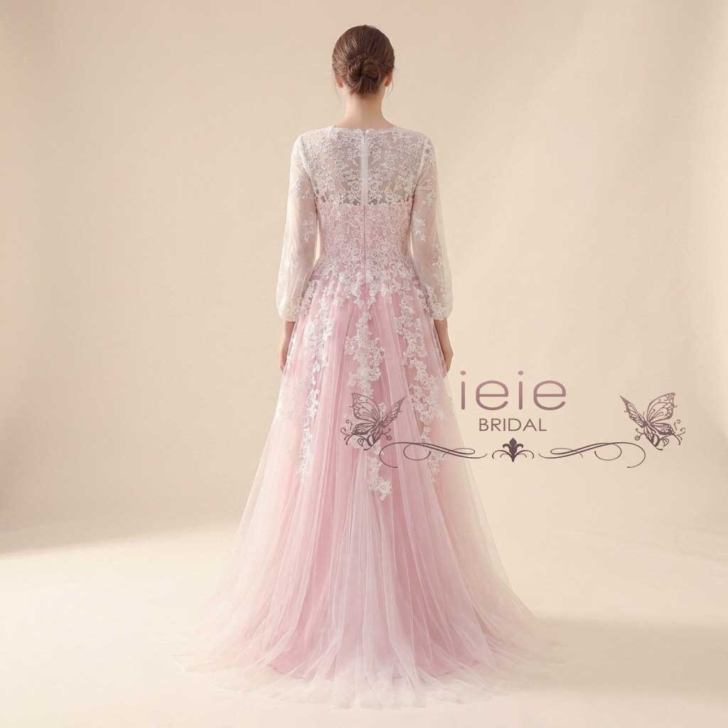 Pink Boho Lace Wedding Dress with Long Sleeves | FLORIA