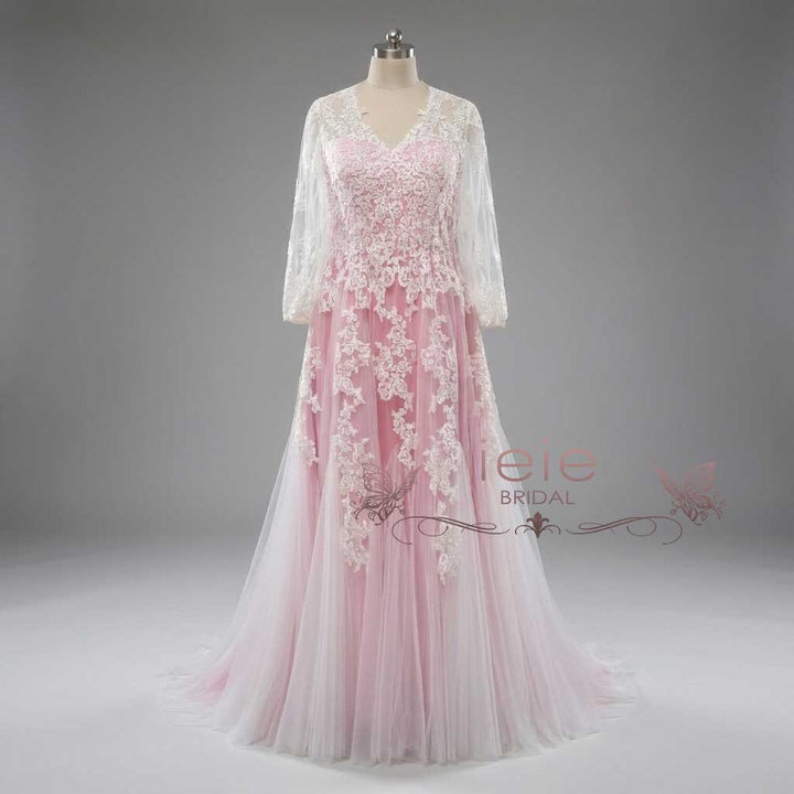 Pink Boho Lace Wedding Dress with Long Sleeves | FLORIA  ieie