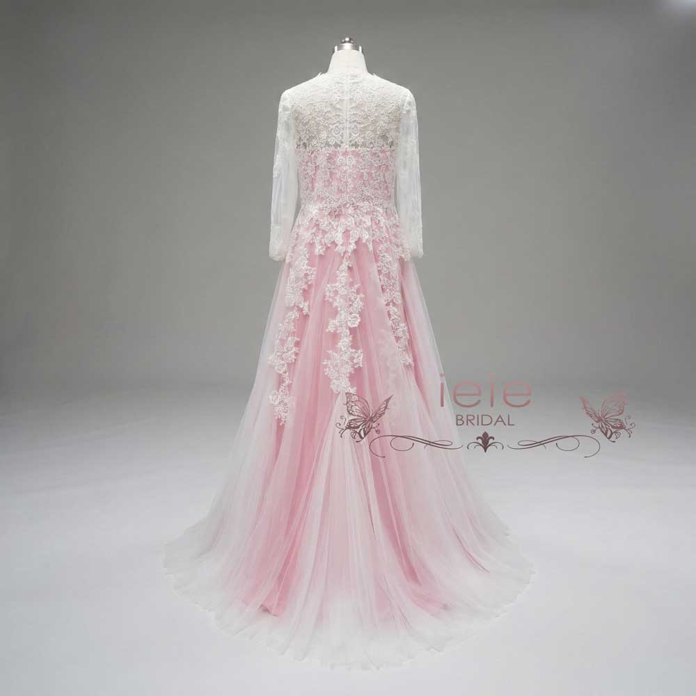 Pink Boho Lace Wedding Dress with Long Sleeves