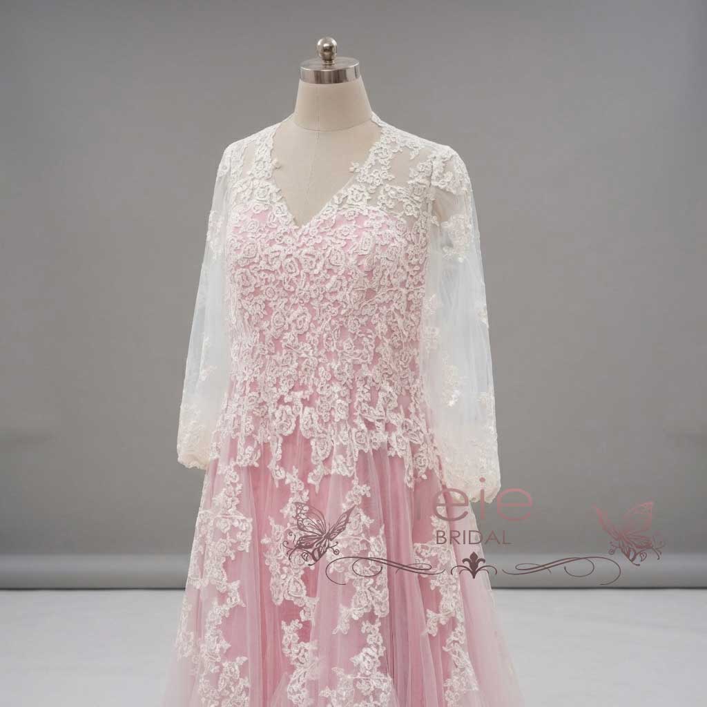 Pink Boho Lace Wedding Dress with Long Sleeves | FLORIA