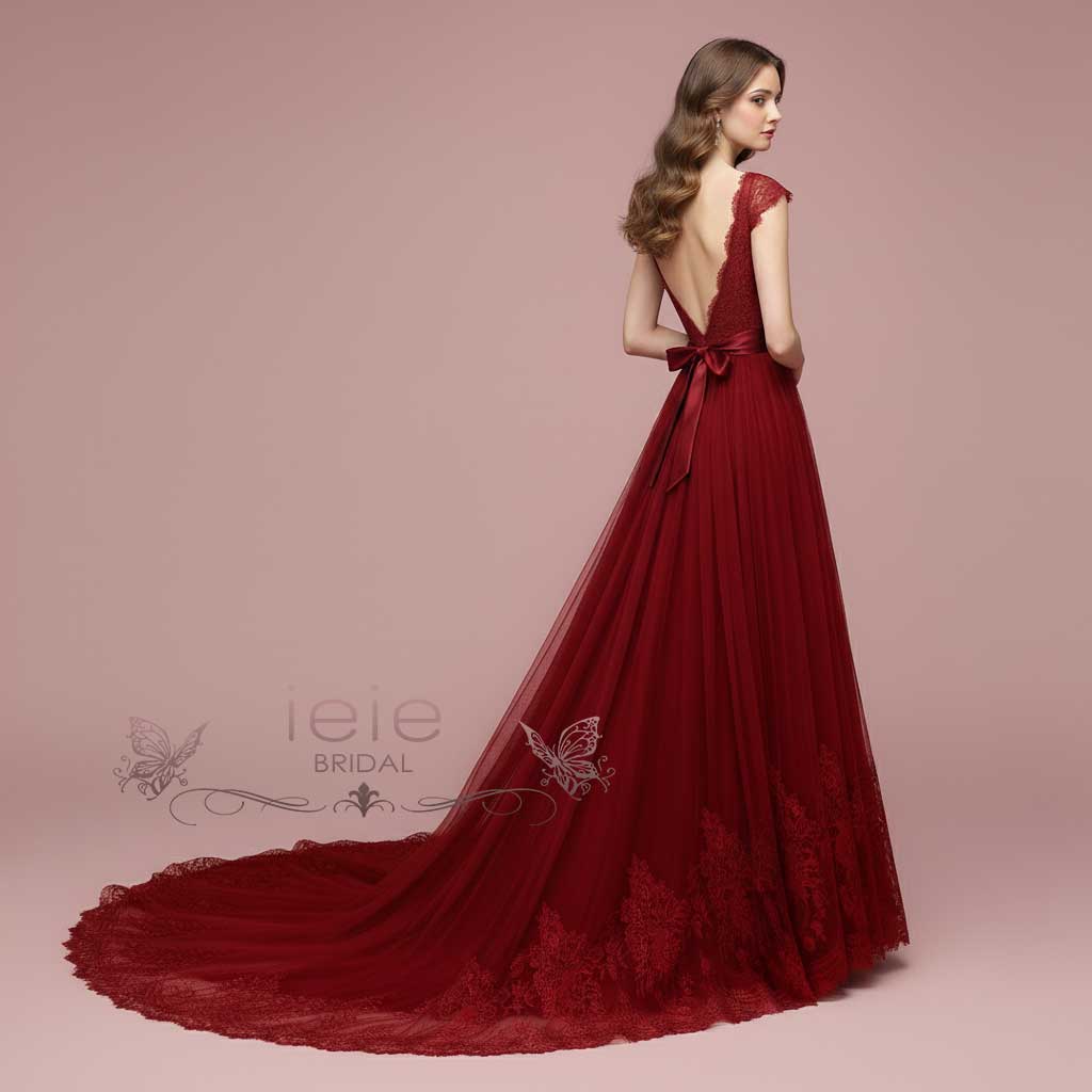 Burgundy Lace A-line Wedding Dress with Short Sleeves LINDEN