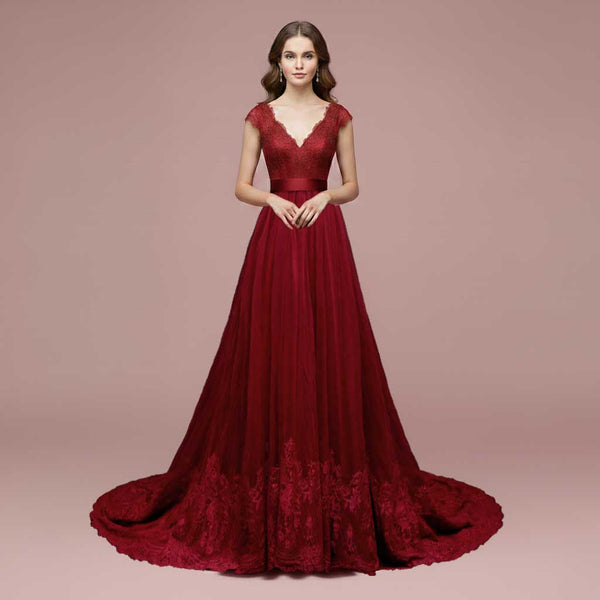 Burgundy Lace A-line Wedding Dress with Short Sleeves LINDEN
