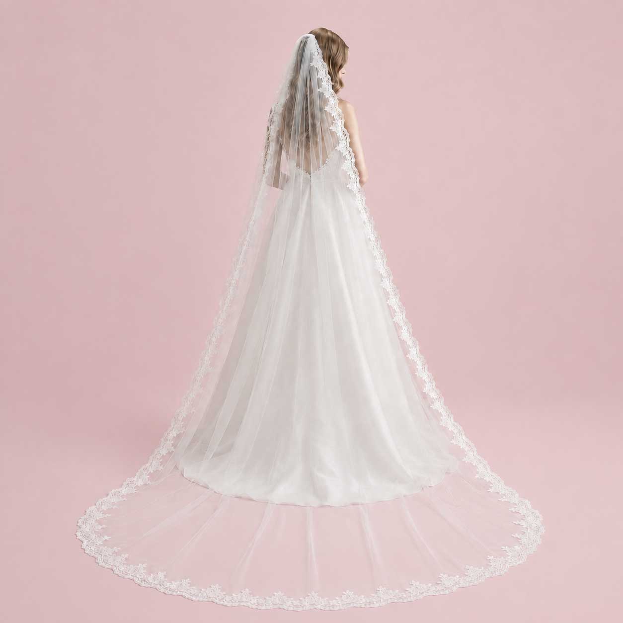 Long Cathedral Length Lace Wedding Veil | VG1050