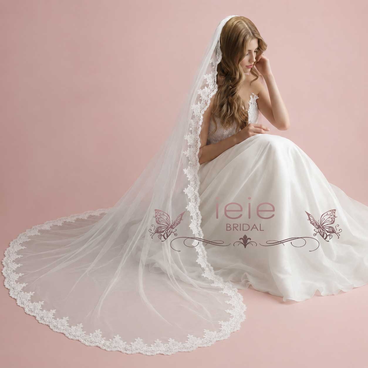 Long Cathedral Length Lace Wedding Veil | VG1050