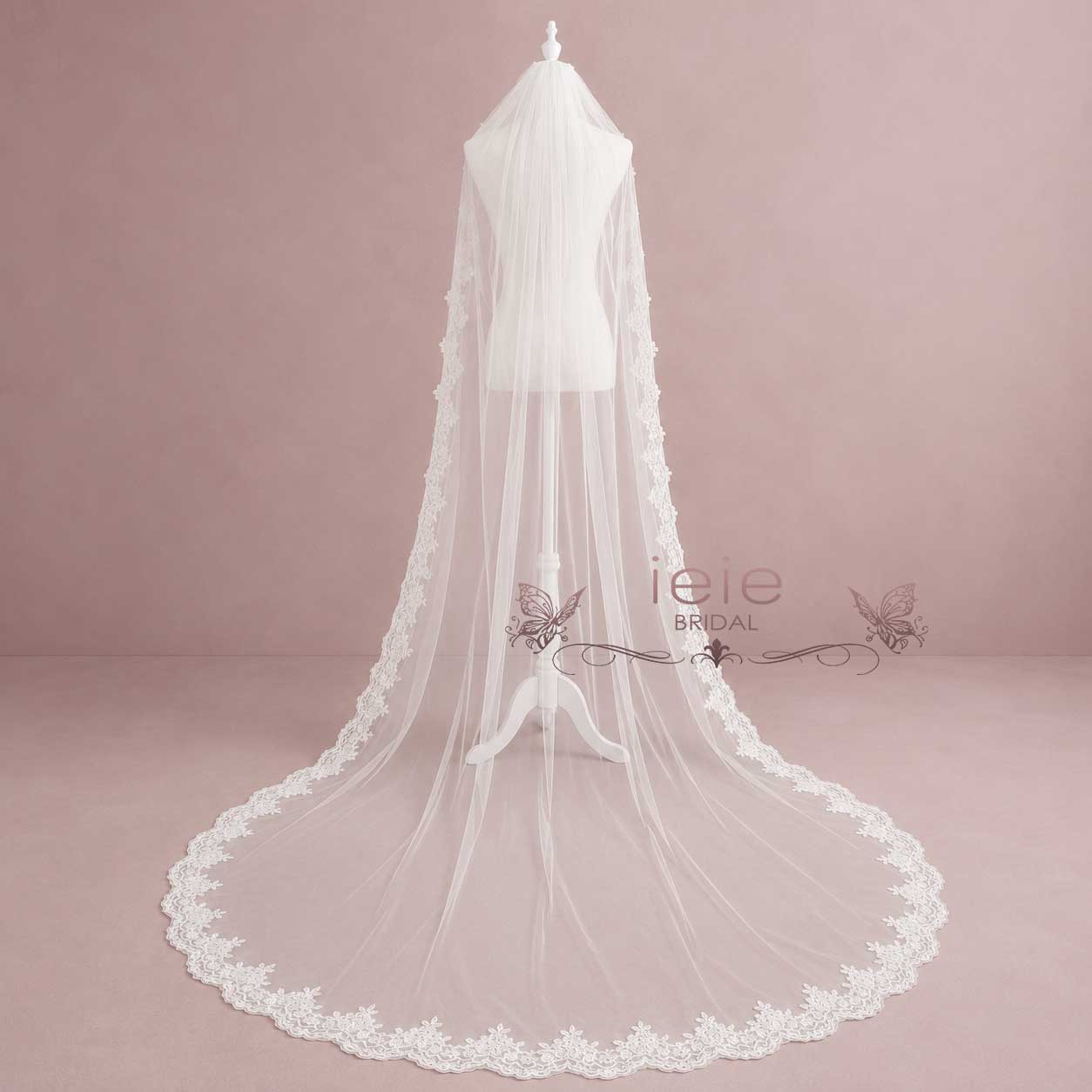 Long Cathedral Length Lace Wedding Veil | VG1050