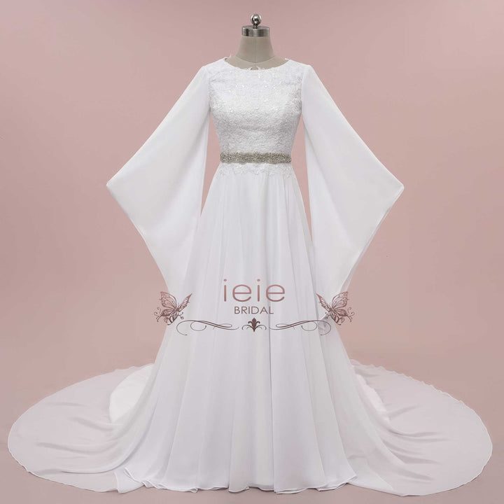 Medieval Celtic Chiffon Wedding Dress with Lace Top MIRI White / Size 14 Medieval Celtic Chiffon Wedding Dress with Lace Top MIRI White / Size 14
