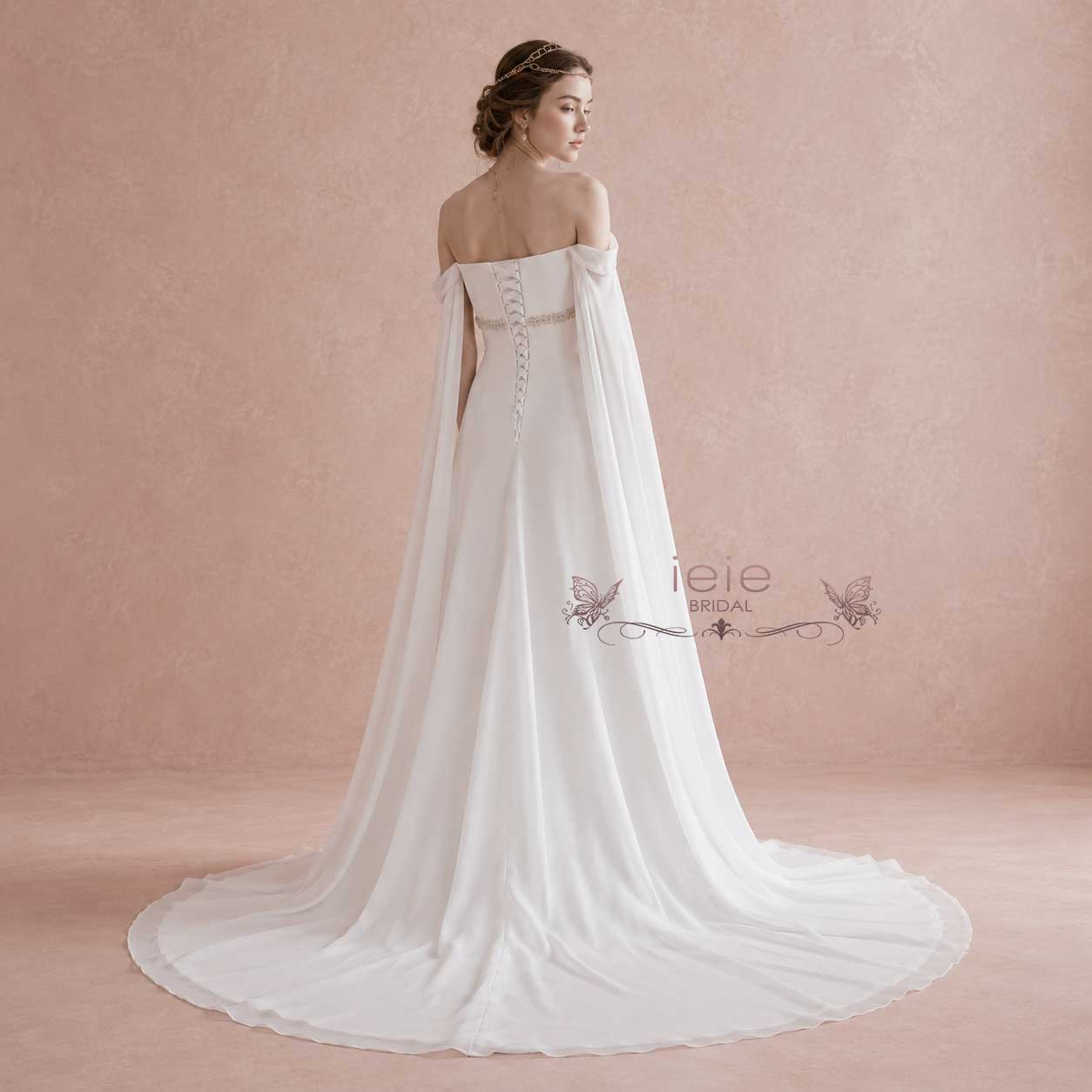 Celtic Medieval Inspired Chiffon Wedding Dress with Cape Sleeves