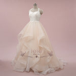 Champagne Ruffle Ball Gown Wedding Dress with Lace Top | NAROD