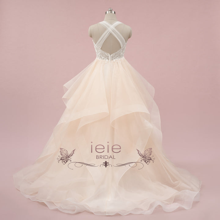 Champagne Ruffle Ball Gown Wedding Dress with Lace Top | NAROD Ivory / Size 14 Champagne Ruffle Ball Gown Wedding Dress with Lace Top | NAROD Ivory / Size 14
