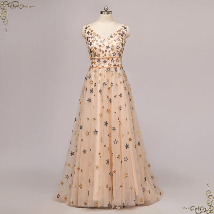 Champagne Star Sequins Lace Wedding Dress | Stelle Size 4 / Champagne Champagne Star Sequins Lace Wedding Dress | Stelle Size 4 / Champagne
