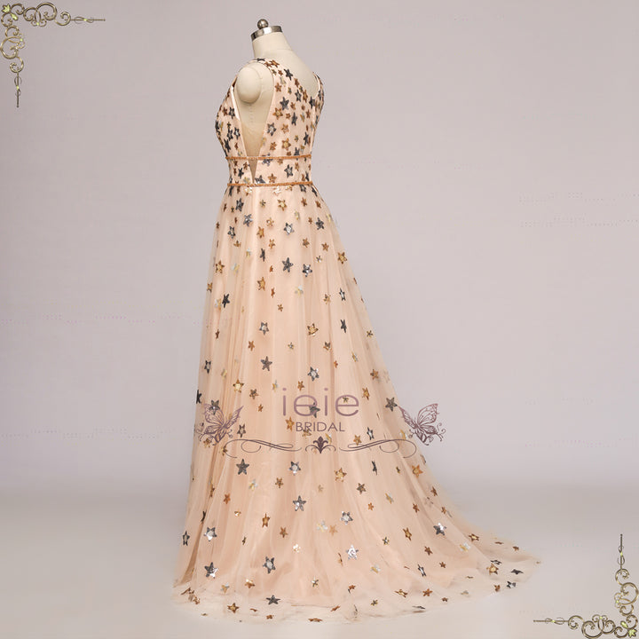 Champagne Star Sequins Lace Wedding Dress | STELLE