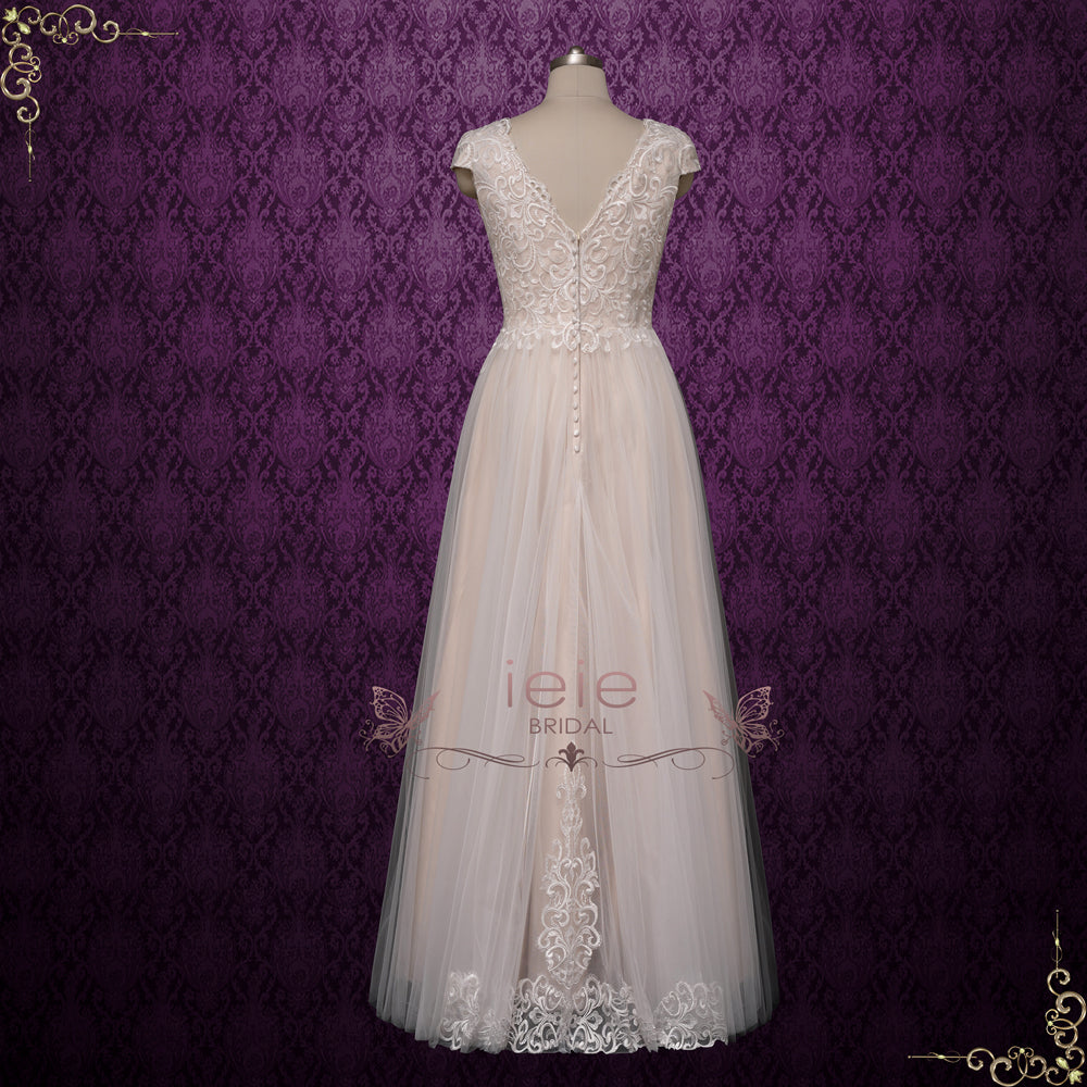 Romantic Lace Tulle Flounce A-line Fall Champagne Wedding Dress