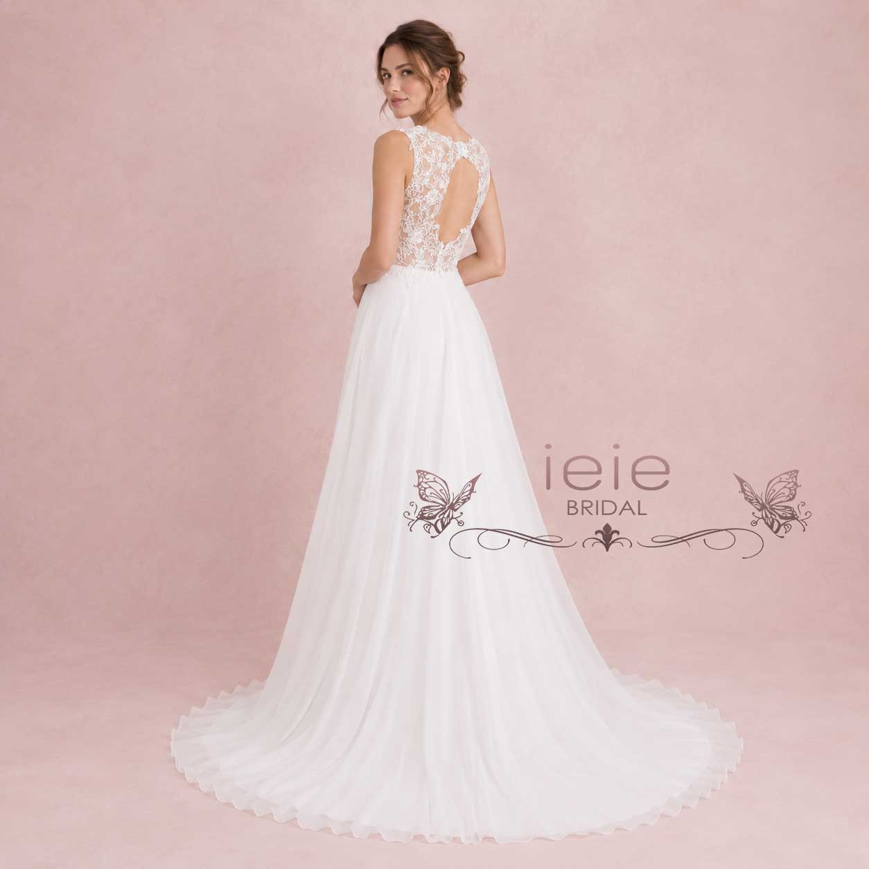 Grecian Lace Chiffon Wedding Dress with Keyhole Back – Evon | Beach & Destination Bridal