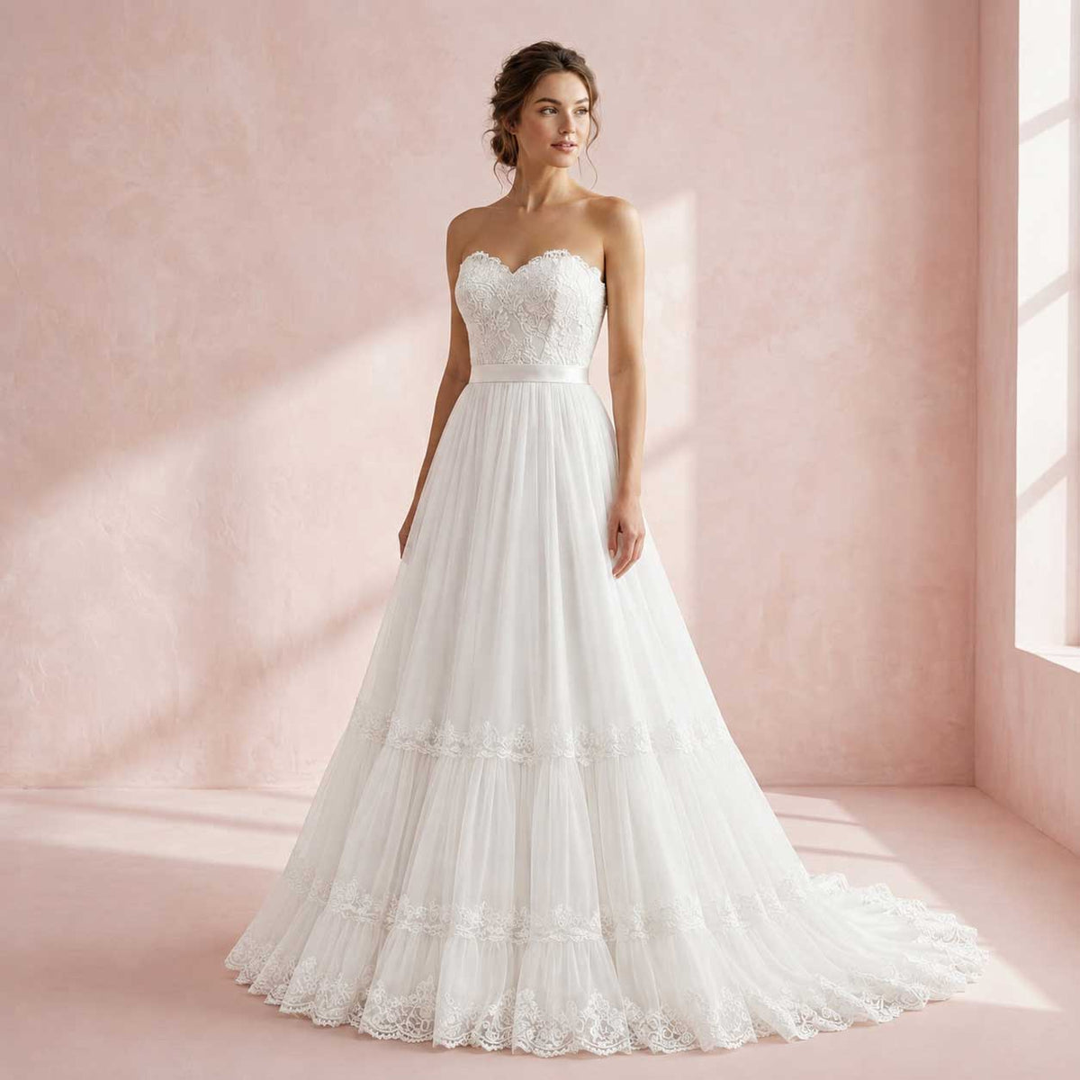 Strapless Boho Chiffon Wedding Dress with Lace Bodice | Alyssa