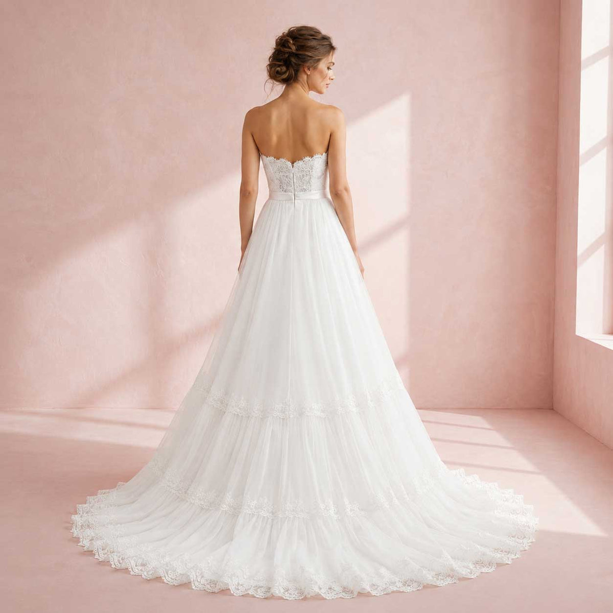 Strapless Boho Chiffon Wedding Dress with Lace Bodice | Alyssa