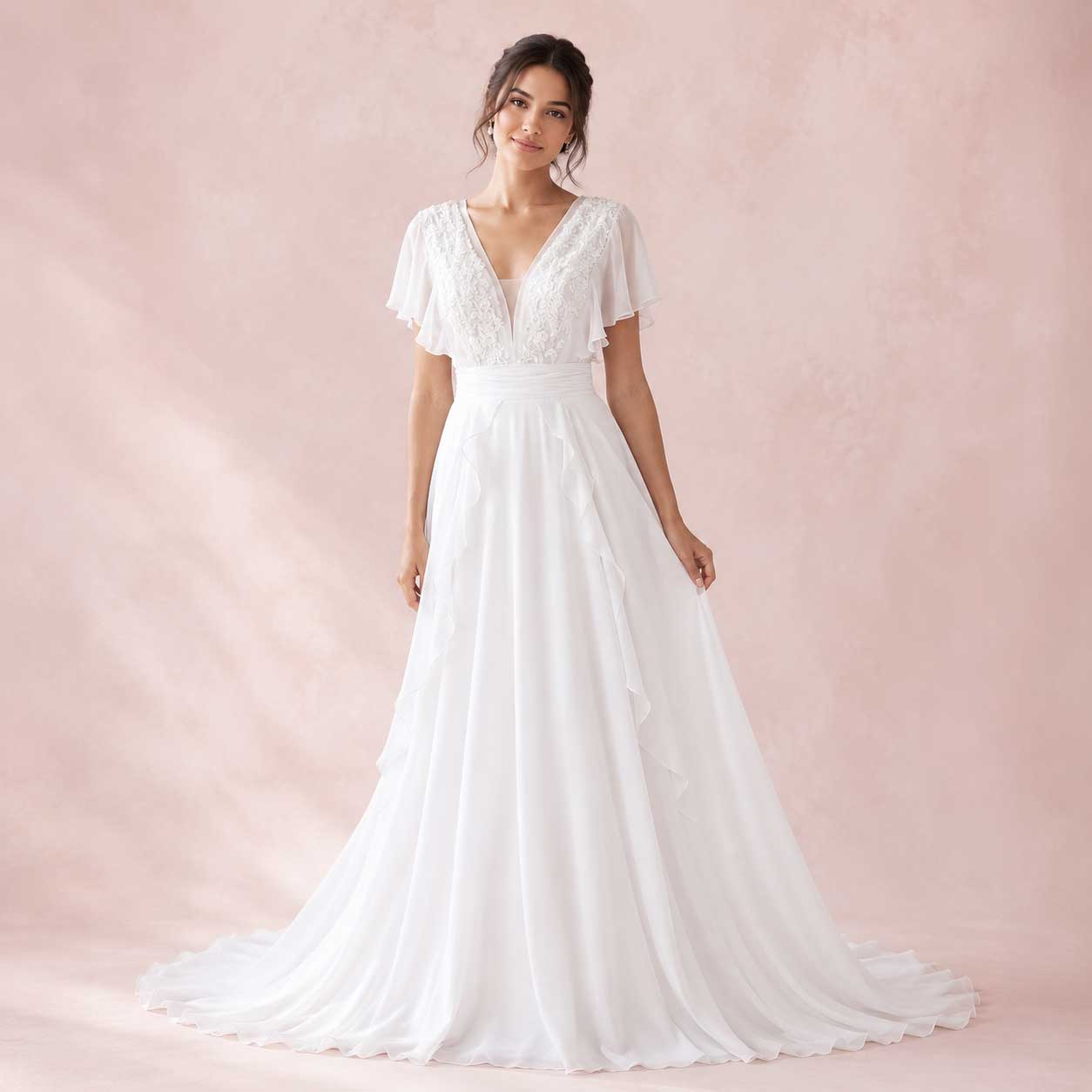 KATIE | Boho Grecian Chiffon Wedding Dress with Flutter Sleeves