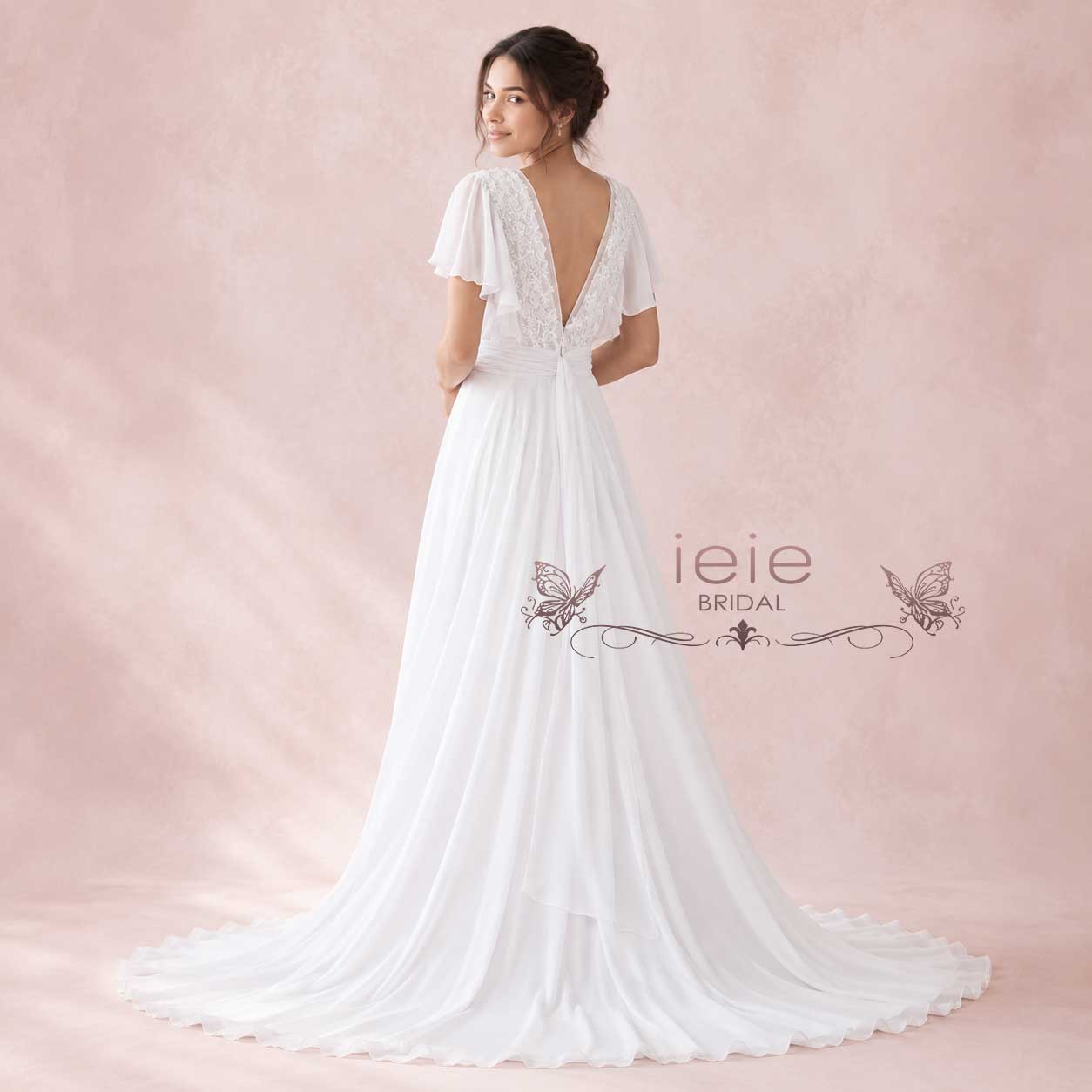 KATIE | Boho Grecian Chiffon Wedding Dress with Flutter Sleeves