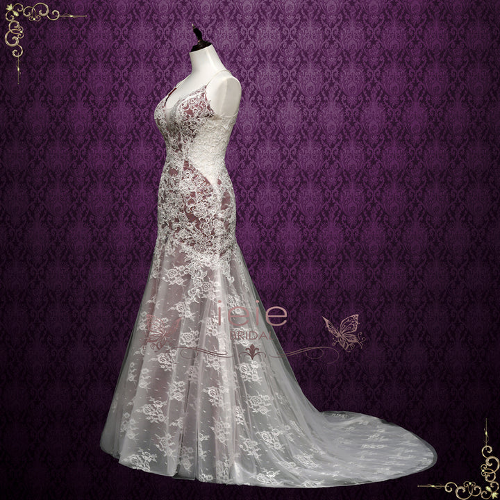 Mermaid Lace Wedding Dress with Burgundy Lining OAKWOOD Size 16 / Burgundy Mermaid Lace Wedding Dress with Burgundy Lining OAKWOOD Size 16 / Burgundy
