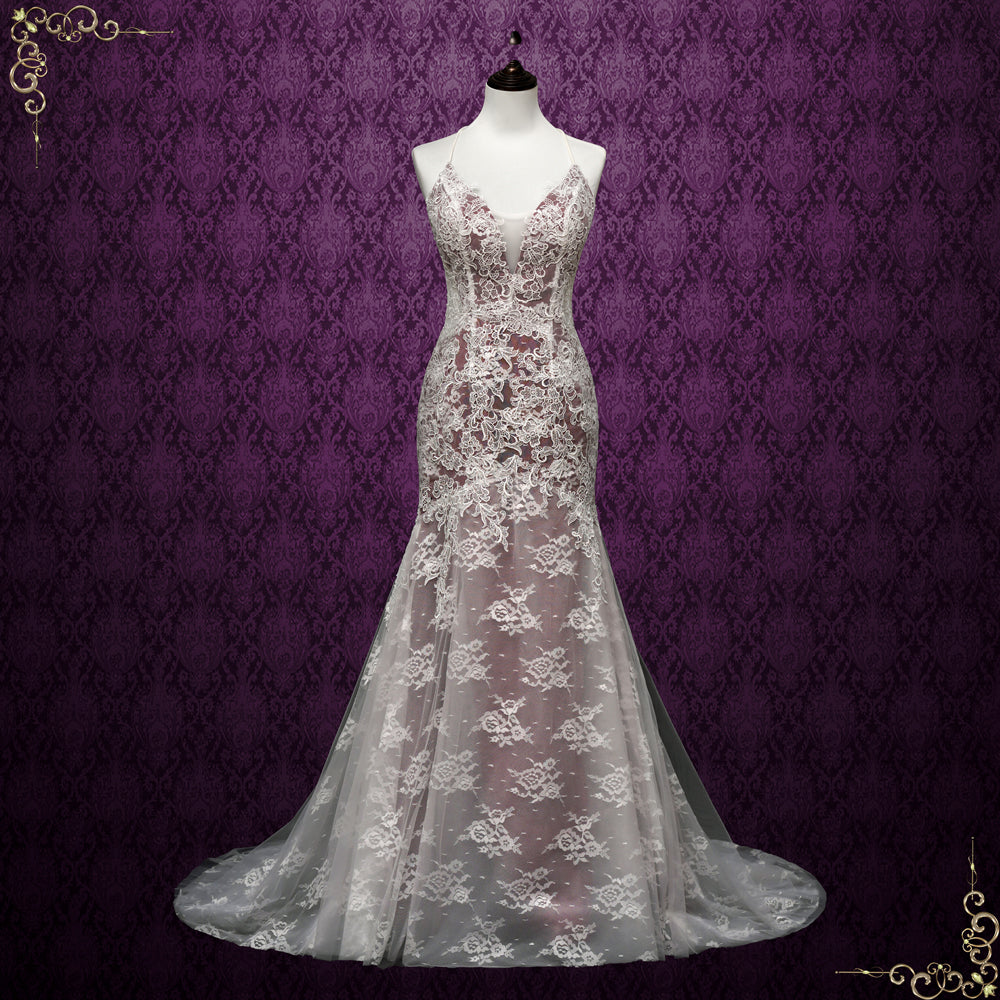 Mermaid Lace Wedding Dress with Burgundy Lining OAKWOOD Size 16 / Burgundy