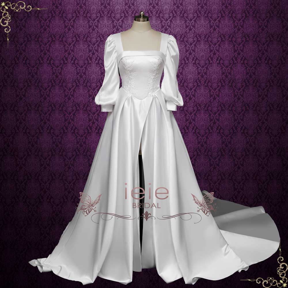 Convertible Satin A-line Wedding Dress with Slit | RAMONA