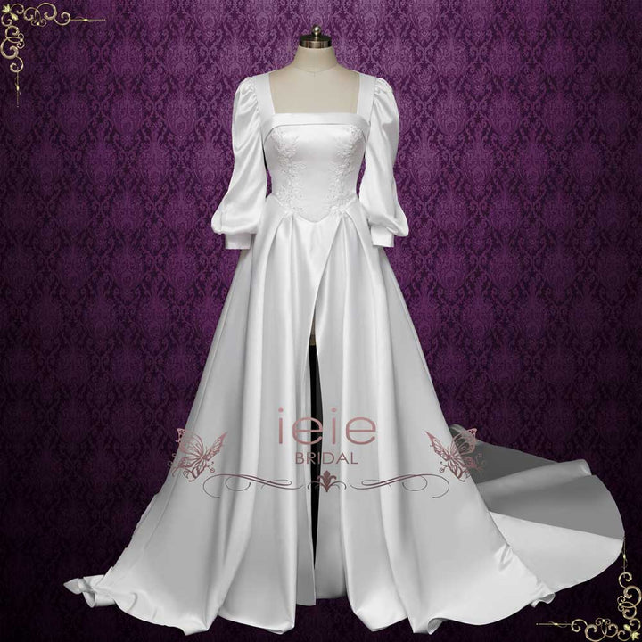 Convertible Satin A-line Wedding Dress with Slit | RAMONA