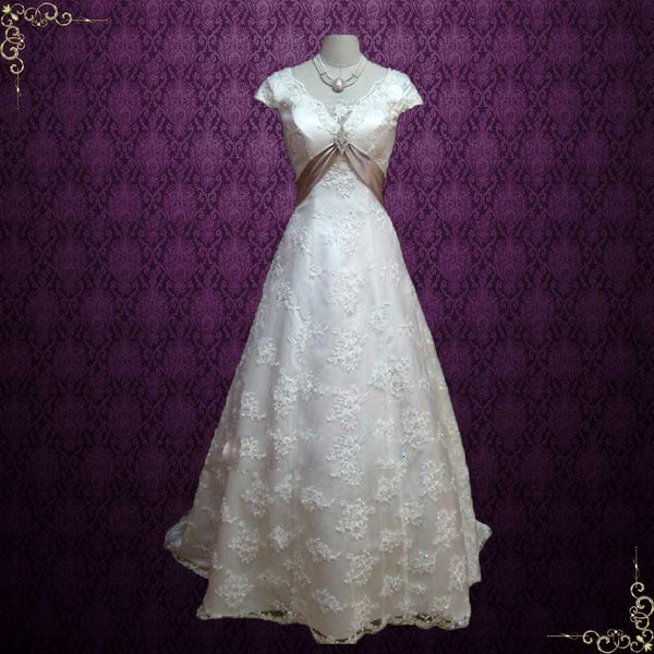 Graceful Empire Cap Short Sleeves A-line Princess Lace Wedding Dress | Grace