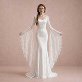 Mermaid Satin Wedding Dress with Lace Bell Sleeves LIZ