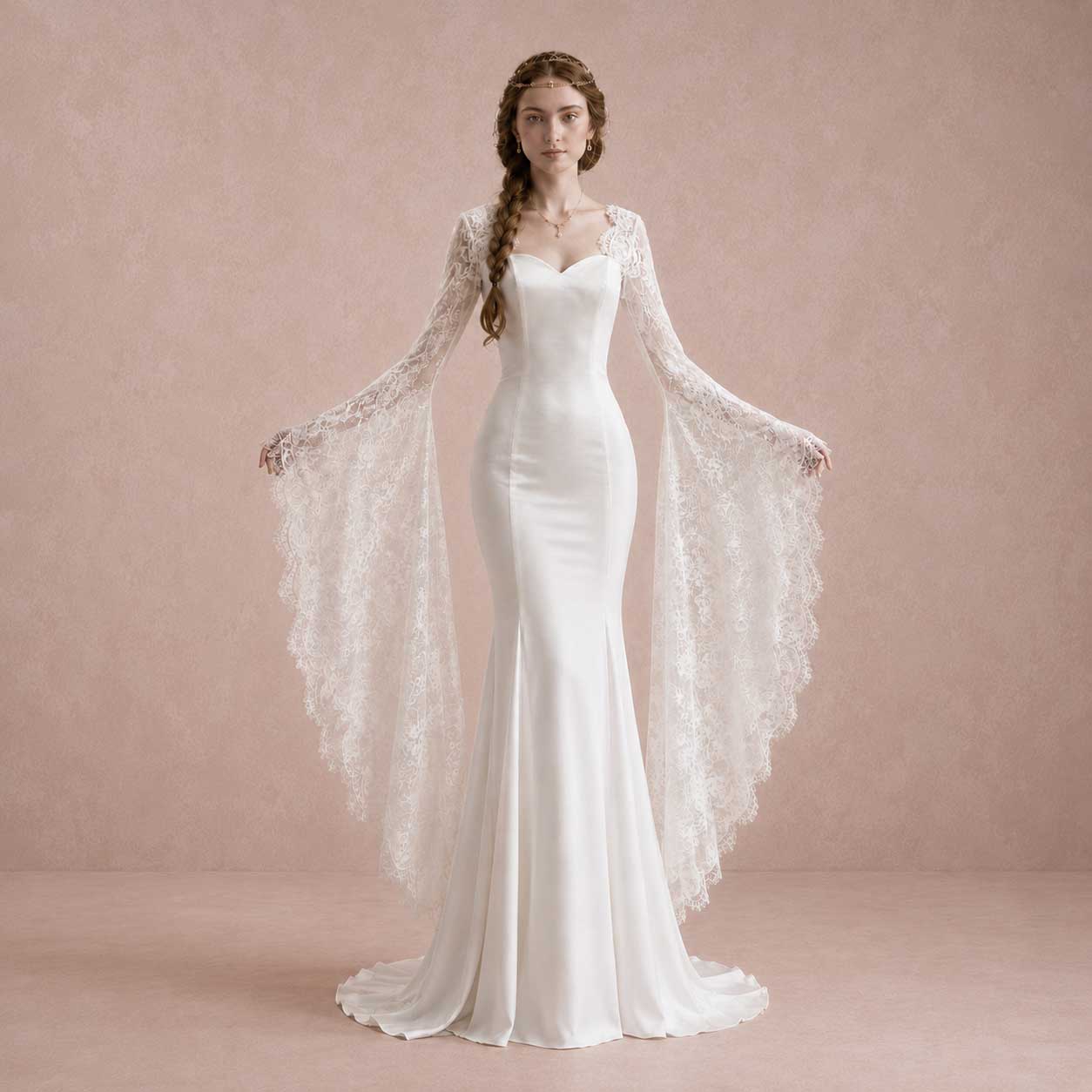 Mermaid Satin Wedding Dress with Lace Bell Sleeves LIZ Size 4 / Ivory
