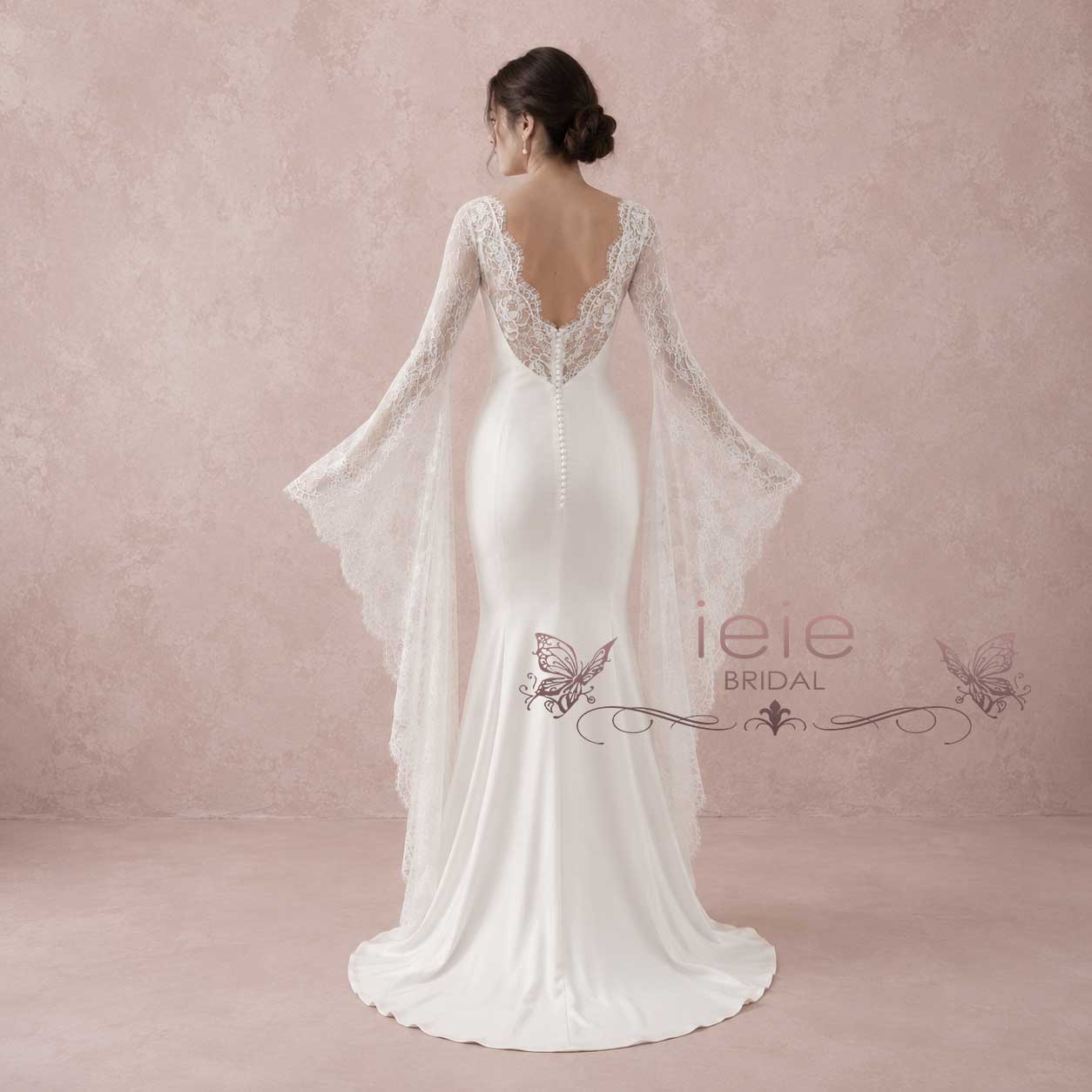 Mermaid Satin Wedding Dress with Lace Bell Sleeves LIZ