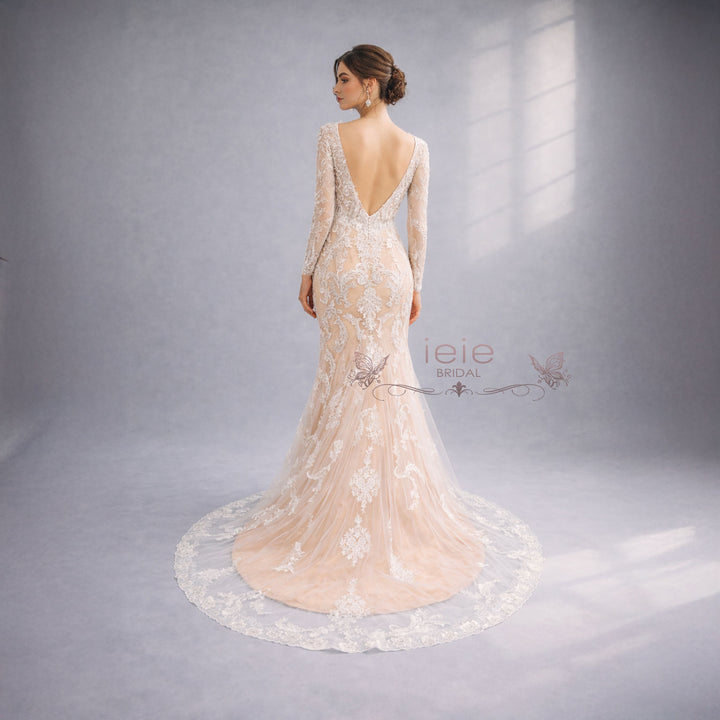 Lace Fitted Wedding Dress with Long Sleeves and Open Back