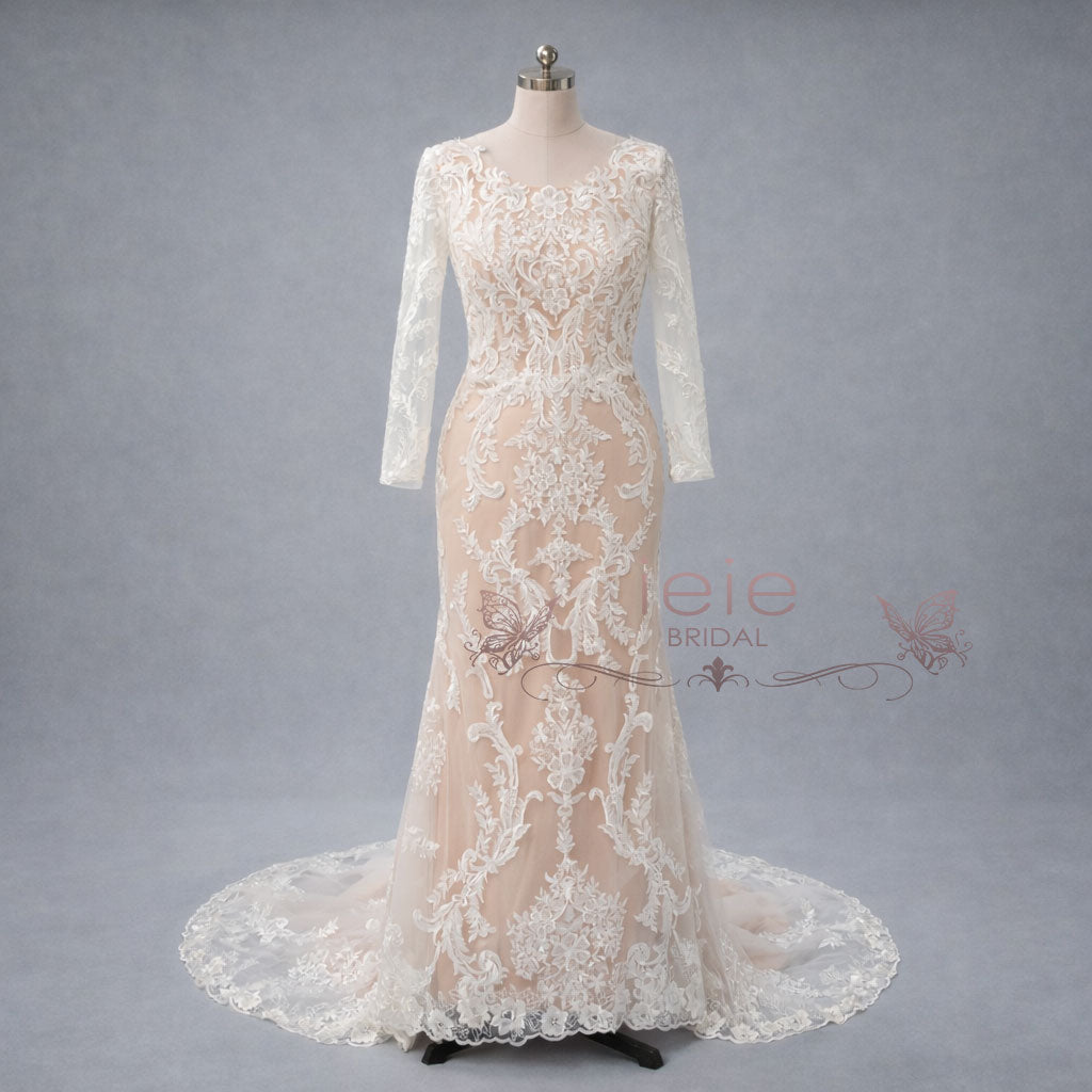 Lace Fitted Wedding Dress with Long Sleeves and Open Back | ALITA