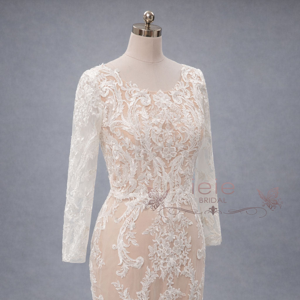 Lace Fitted Wedding Dress with Long Sleeves and Open Back | ALITA