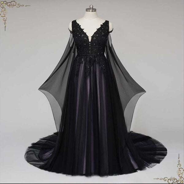 Gothic Black Lace Wedding Dress with Bell Sleeves | ELVIRA