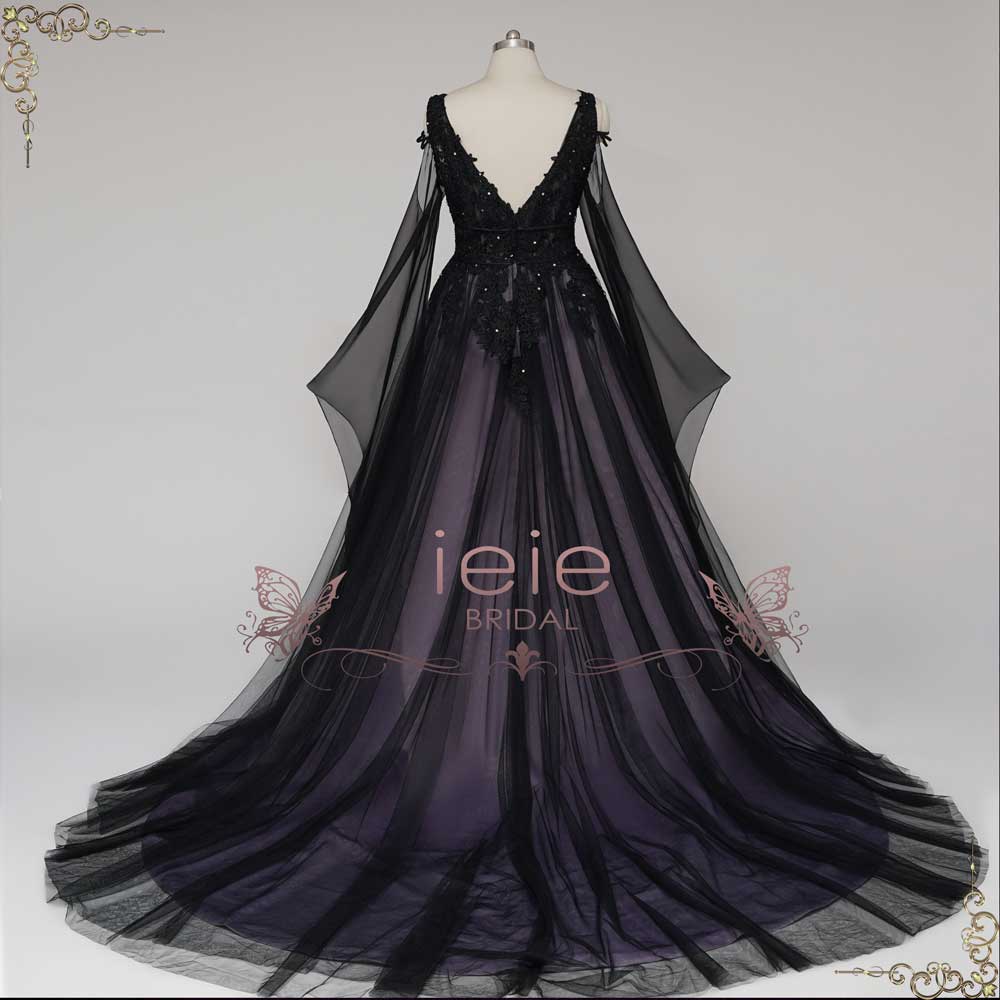 Gothic Black Lace Wedding Dress with Bell Sleeves