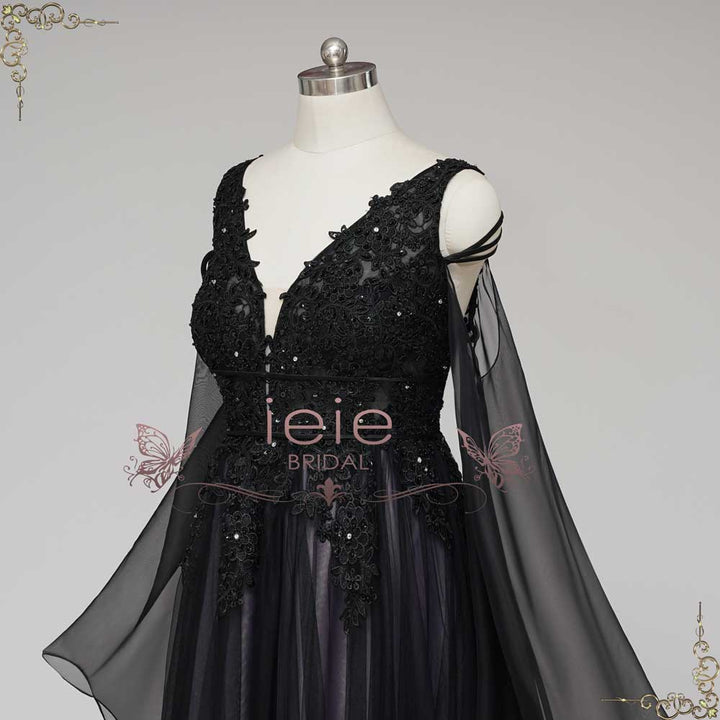 Gothic Black Lace Wedding Dress with Bell Sleeves | ELVIRA Size 10 / Black Gothic Black Lace Wedding Dress with Bell Sleeves | ELVIRA Size 10 / Black