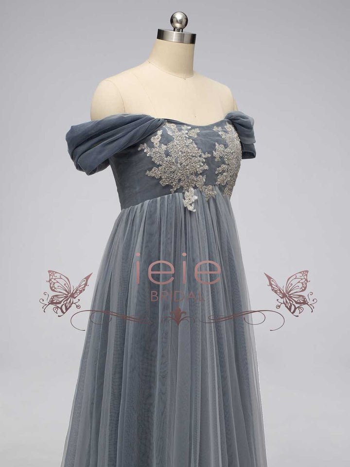 Gray Regency Bridgerton Empire Waist Lace Formal Dress | SALEM