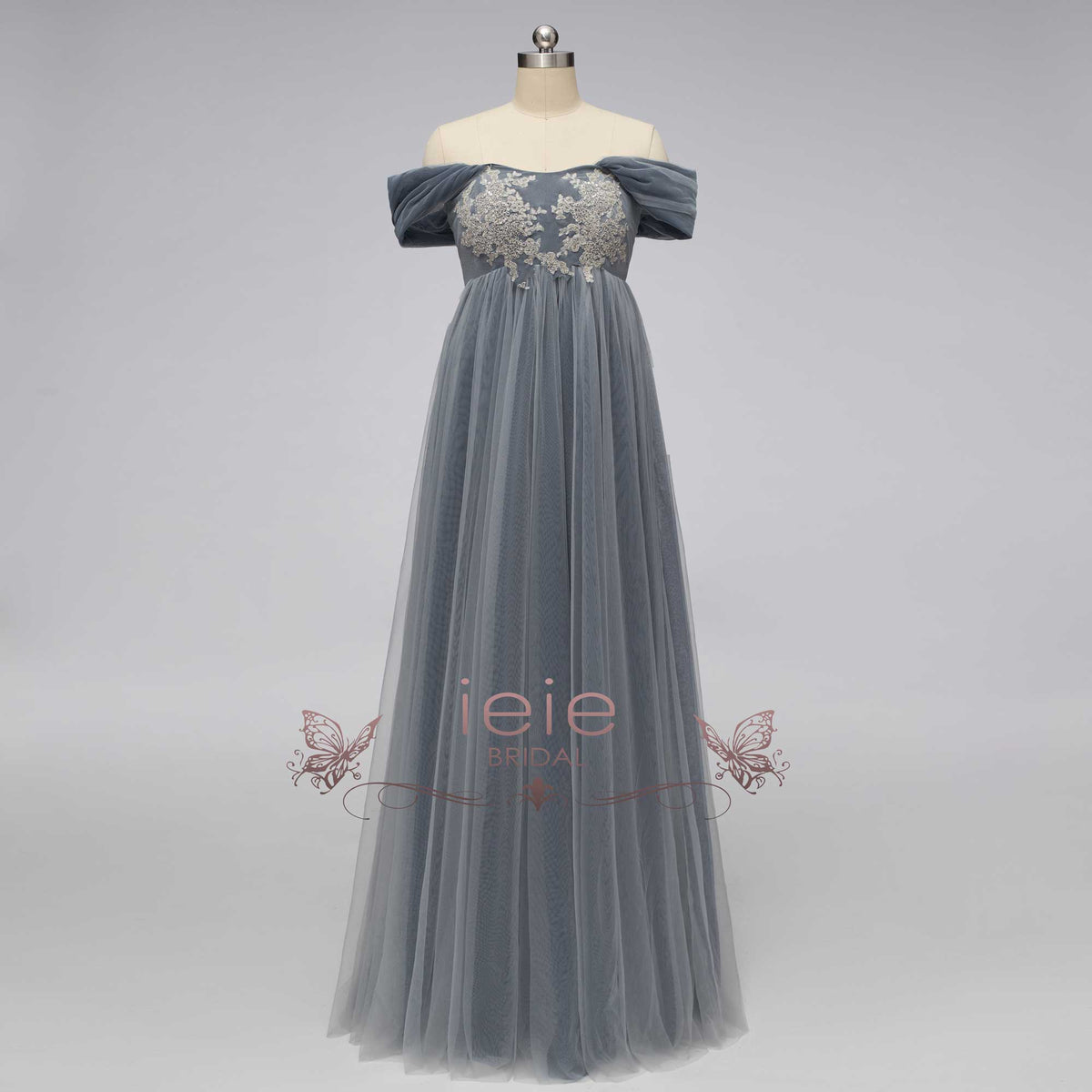 Gray Regency Empire Waist Lace Formal Dress