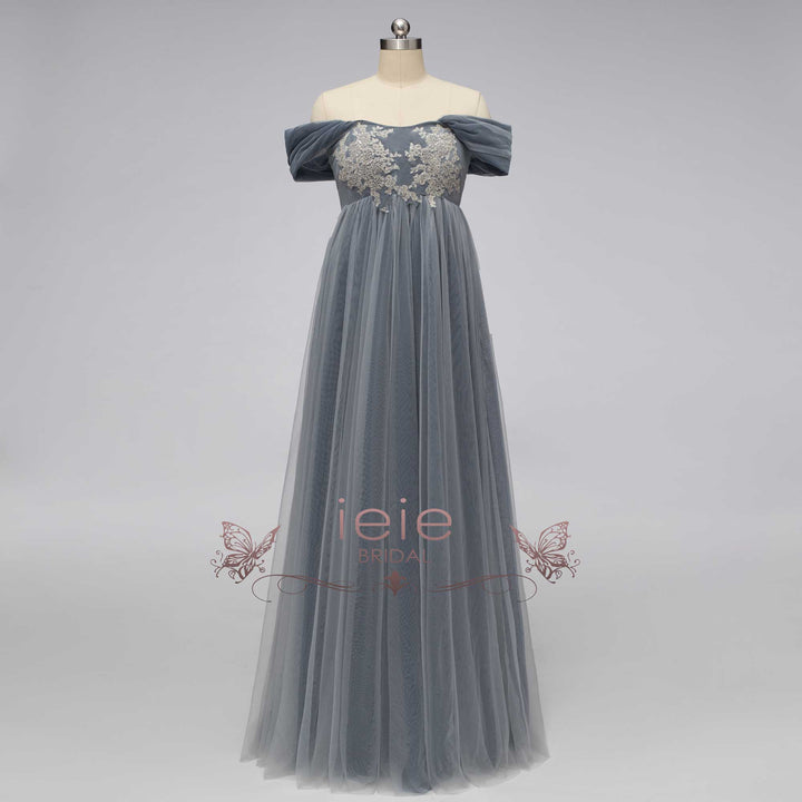 Gray Regency Bridgerton Empire Waist Lace Formal Dress | SALEM