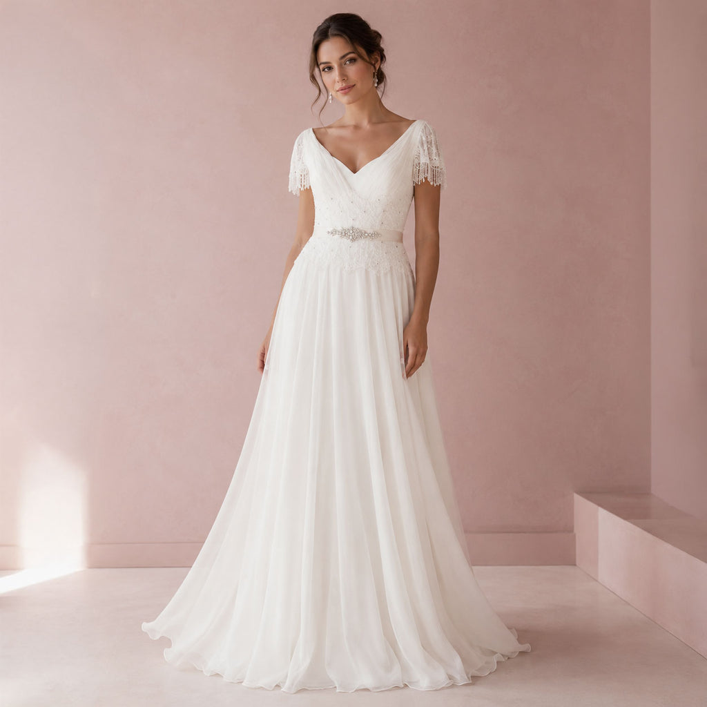 Vintage Lace Chiffon Wedding Dress with Jeweled Sash and Fringe Cap Sleeves