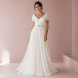 Vintage Lace Chiffon Wedding Dress with Jeweled Sash and Fringe Cap Sleeves | Lilly