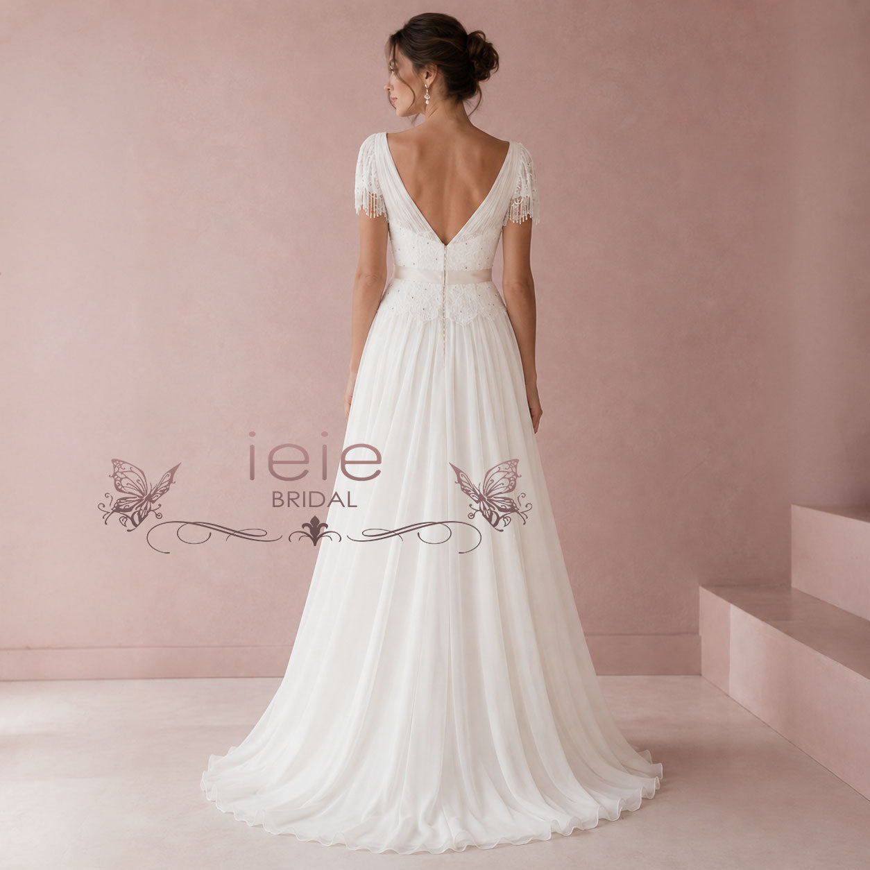 Vintage Lace Chiffon Wedding Dress with Jeweled Sash and Fringe Cap Sleeves | Lilly