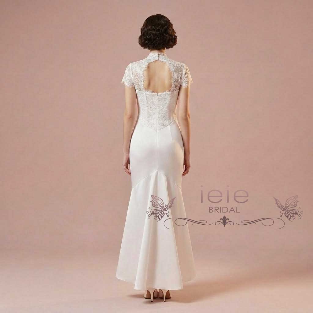 Fitted High Low Style Wedding Dress with High Neck | ABBEY