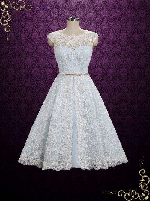 Ice Blue Vintage Lace Tea Length Wedding Dress SHANNON