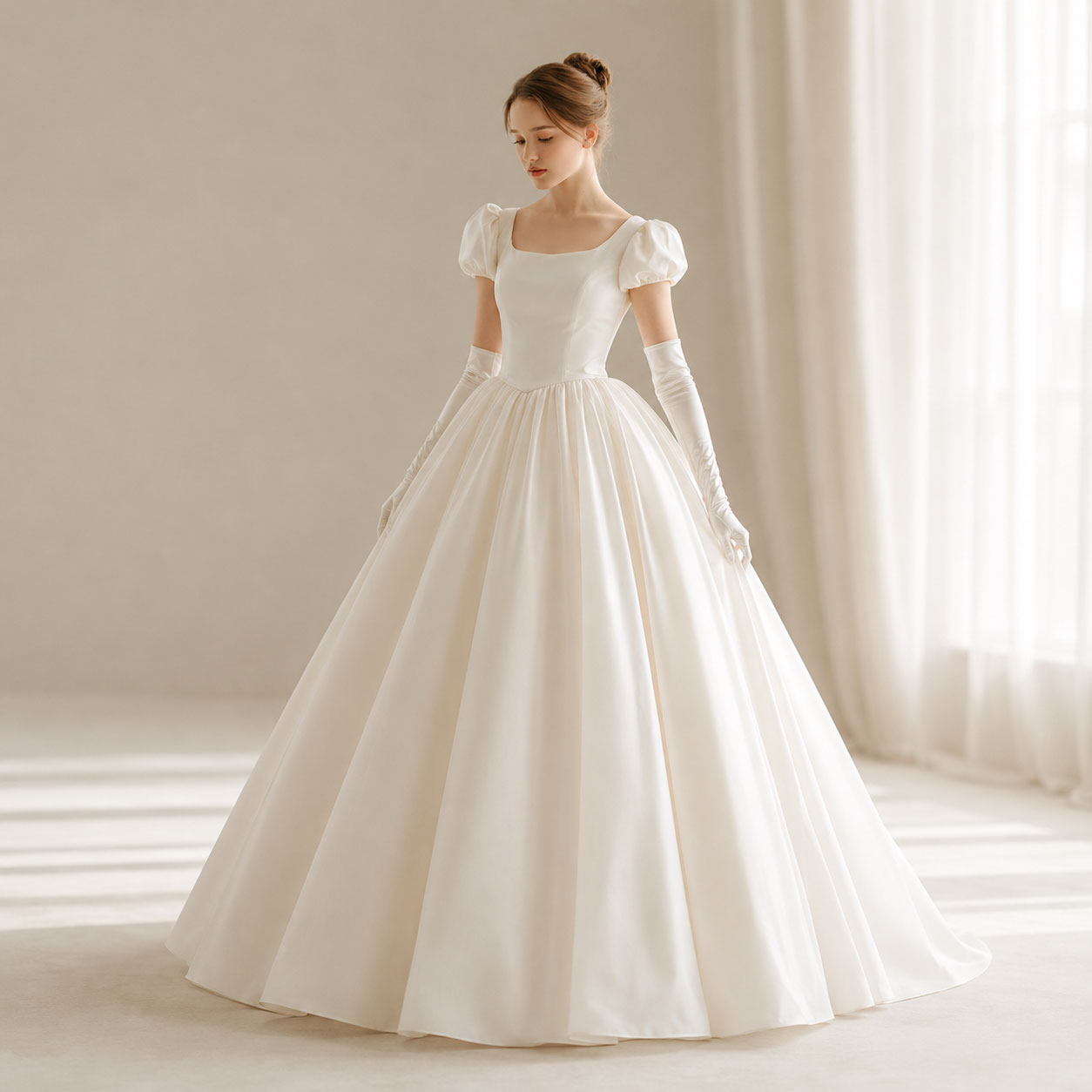 Ivory and White Puff Sleeves Princess Ball Gown  | SARINA